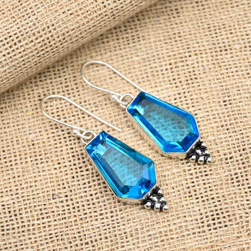 Charming Blue Topaz Gemstone Handmade 925 Sterling Silver Earring Jewelry