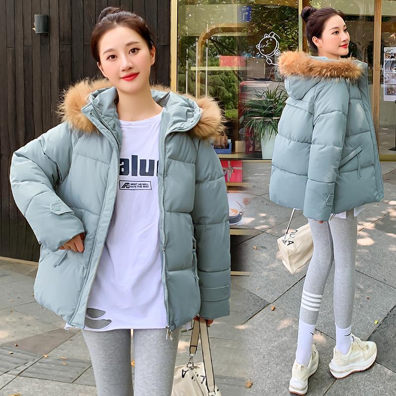 Women's Autumn Winter Hooded Solid Color Fur Collar Pocket Parka Zipper Loose Short Cotton Coat