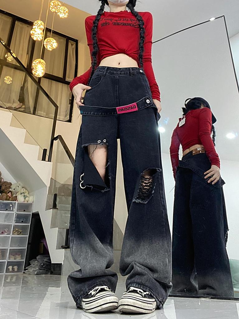 Bestmood Distressed Denimhosen mit lockerer Passform und geradem Bein, mit Gürtel und Design Damen Weitbeiniges Bein, Hip-Hop (Größe Klein, Schwarz)