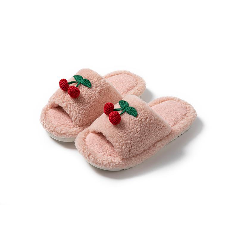 Cherry open cotton slippers ins warm fluffy slippers cherry contrasting plush slippers