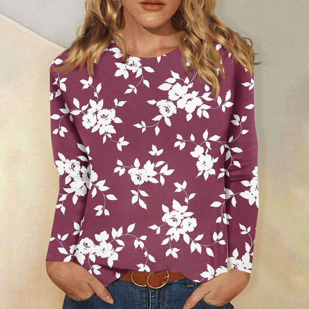 Women's Basic Long-sleeved T-shirt, Round Neck, Leaf Print, Plain Top, Everyday Pullover, Party Gift, Versatile T-shirt