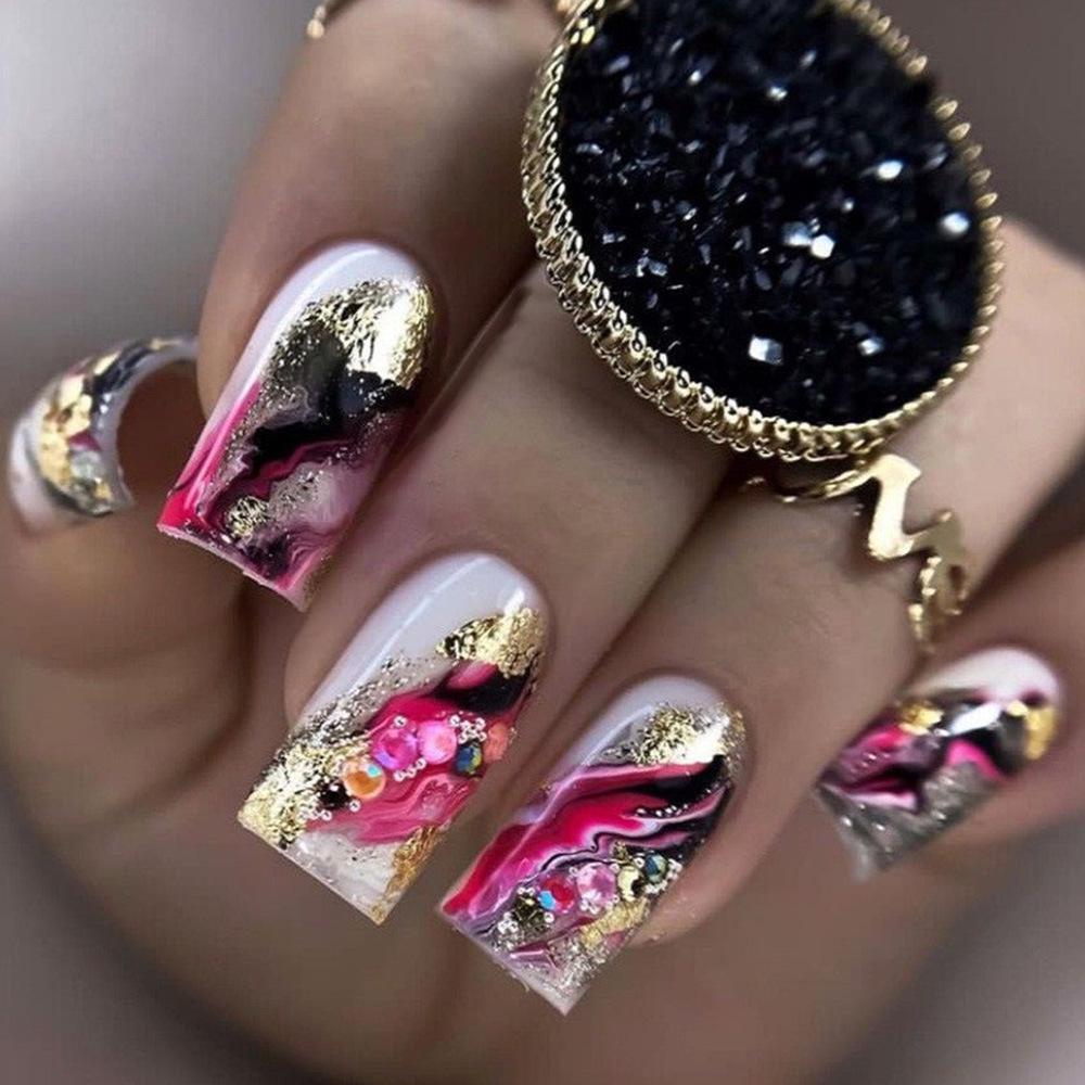 European Square Beauty Nail Gold Gradient Sand Stickers - Detachable and Wearable Fake Nails