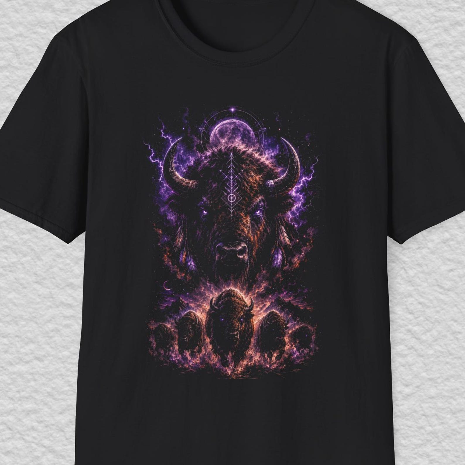 Mystic Bison Moon Shirt, Cosmic Buffalo Tee, Purple Lightning Bison Shirt, Spiritual Buffalo T shirt, Wild Bison Moon Tee 4XL