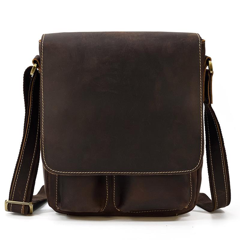 Men'S Genuine Leather Shoulder Bag Crazy Horse Leather Messenger Bag First Layer Cowhide Flip Shoulder Bag Casual Bag