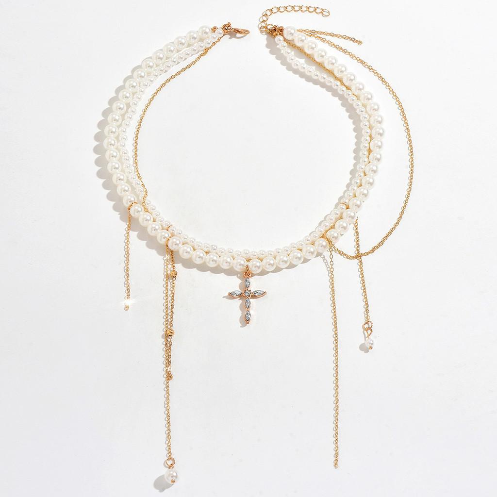 Gothic Cross Pendant Necklace For Women Men With Multi Layer Chain And Pearl Accents