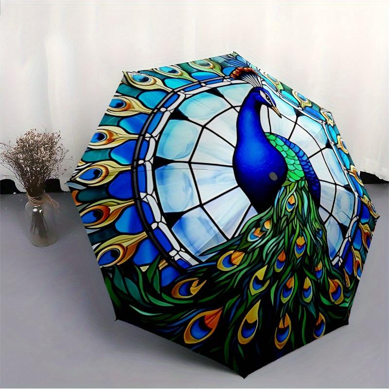 1pc Peacock StainedGlass Automatic Open/close, Heavy-Duty Iron Frame & 8-Rib structure, Compact Folding Umbrella for Women/Men, All-Season Travel, Hal
