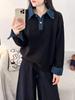 Women's Loose Polo Collar Denim Patchwork Two-Piece Sweater - Autumn Winter 2026 Knitwear Fashion Top