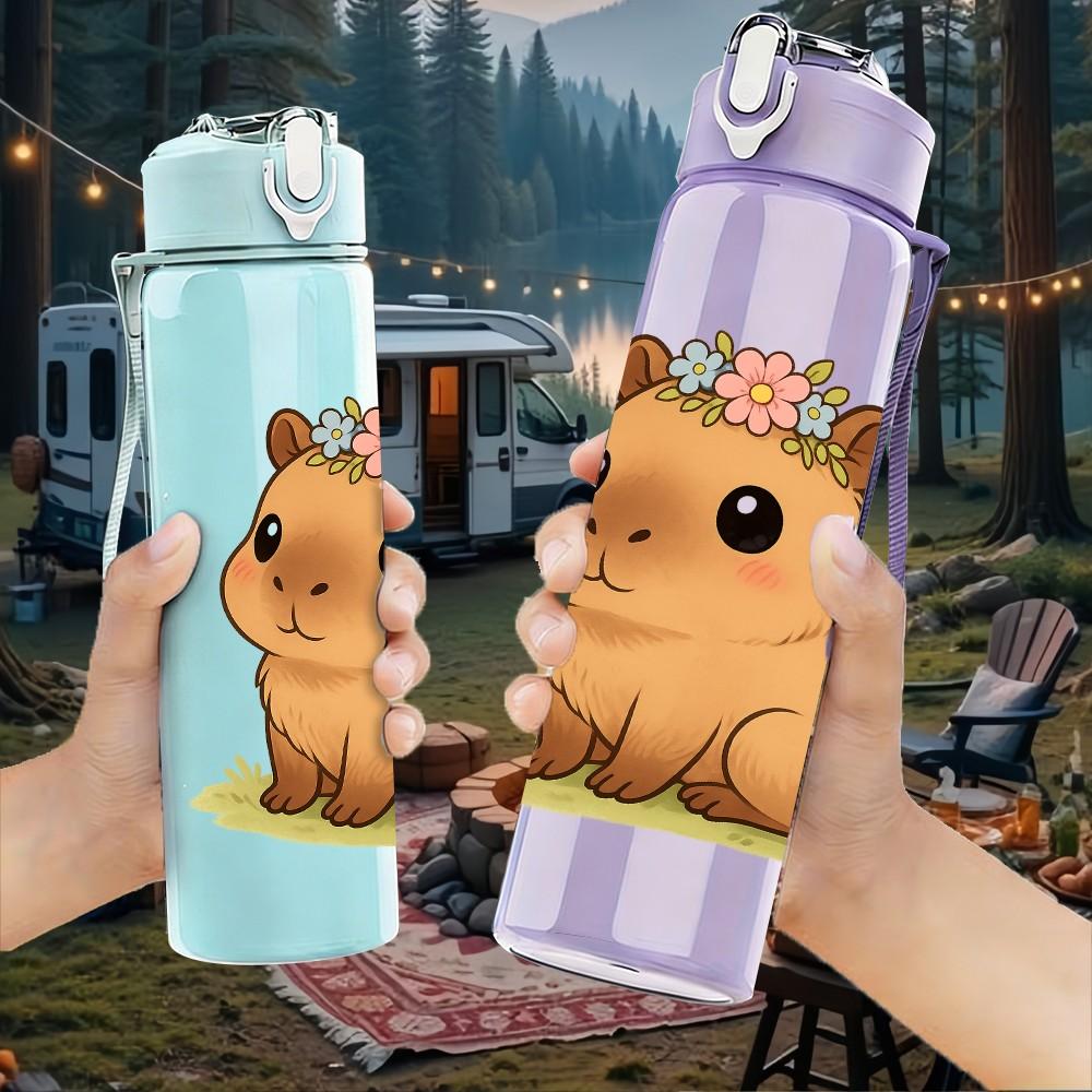 1PC Capybara Cartoon Pattern 750ml Color Plastic Sports Water Bottle Leakproof Flip Straw Lid Suitable for Sports Office Home Use