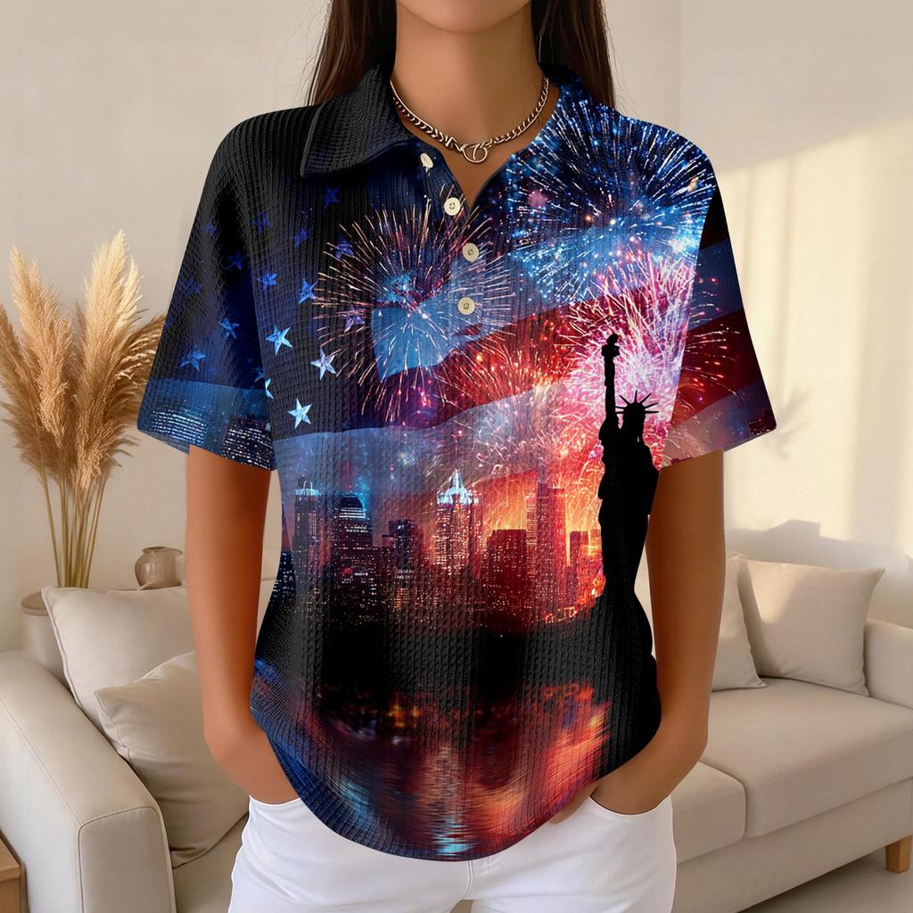 Women’s Casual Short Sleeve Knit Polo Shirt with Independence Day Printed Design and Relaxed Fit for Everyday Wear