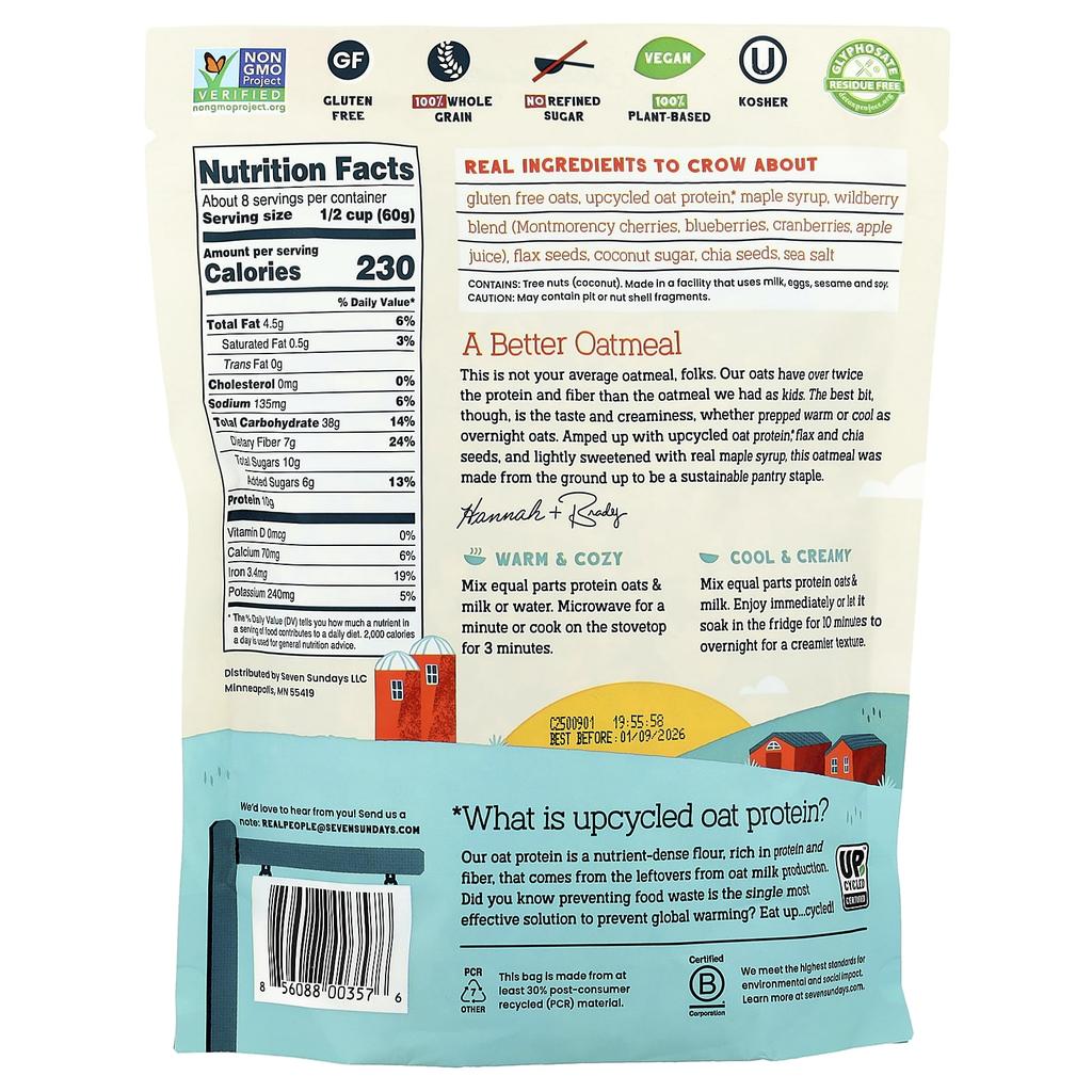 Seven Sundays, Protein Oats with Flax and Chia, Wild Berry, 16 Oz (454 G)