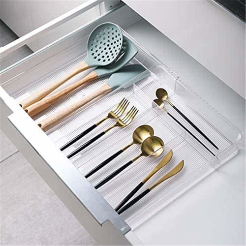 SANNO Sliding Cutlery Tray for Drawers, Expandable Dish Storage Tray, Kitchen Storage, Drawer Storage, Cutlery Storage Case, Small Item Storage, Trans