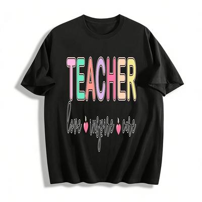 Teacher Themed Print Top Love Inspire Care Graphic Tee For Educators Pure Cotton T-shirt