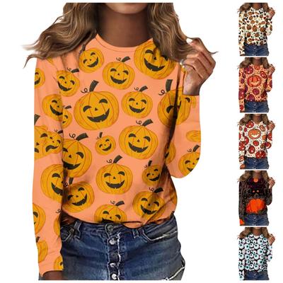 Women's Fashion Casual LongSleeve Halloween Print  Round Neck Pullover Top Blouse