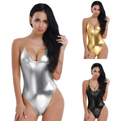 Justaucorps de danse de Ballet, bretelles Spaghetti réglables en Spandex, aspect brillant, cuir verni, col en V profond, # S-XL