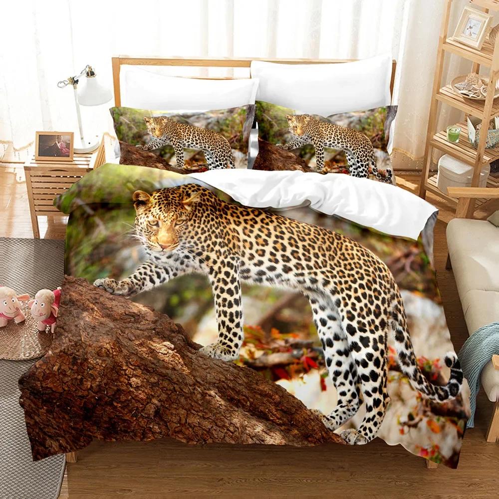 3D Tiger Leopard Pattern Bedding Set Ties Wild Animal King Of The Jungle Theme Duvet Cover  For Boys Teens Gifts Full Size
