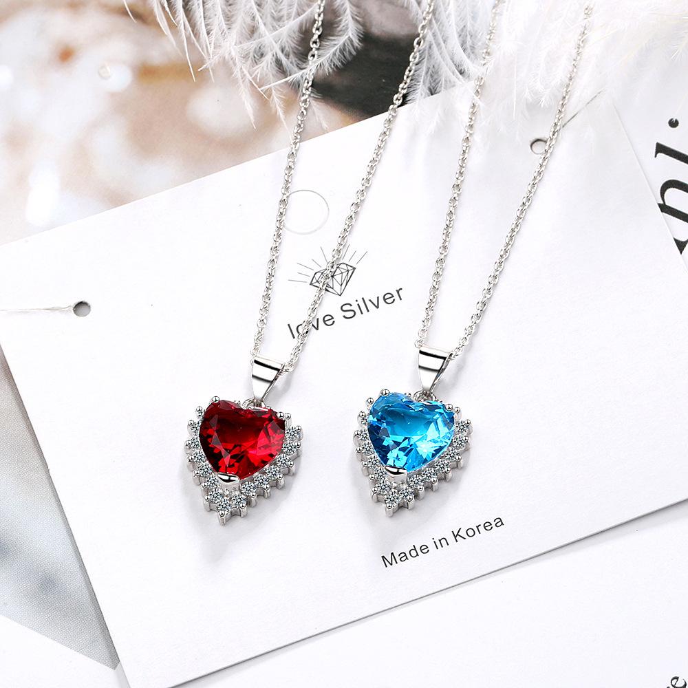 Women's Korean Fashion Blue Diamond Pendant Necklace, Short Clavicle Copper Chain DZ445