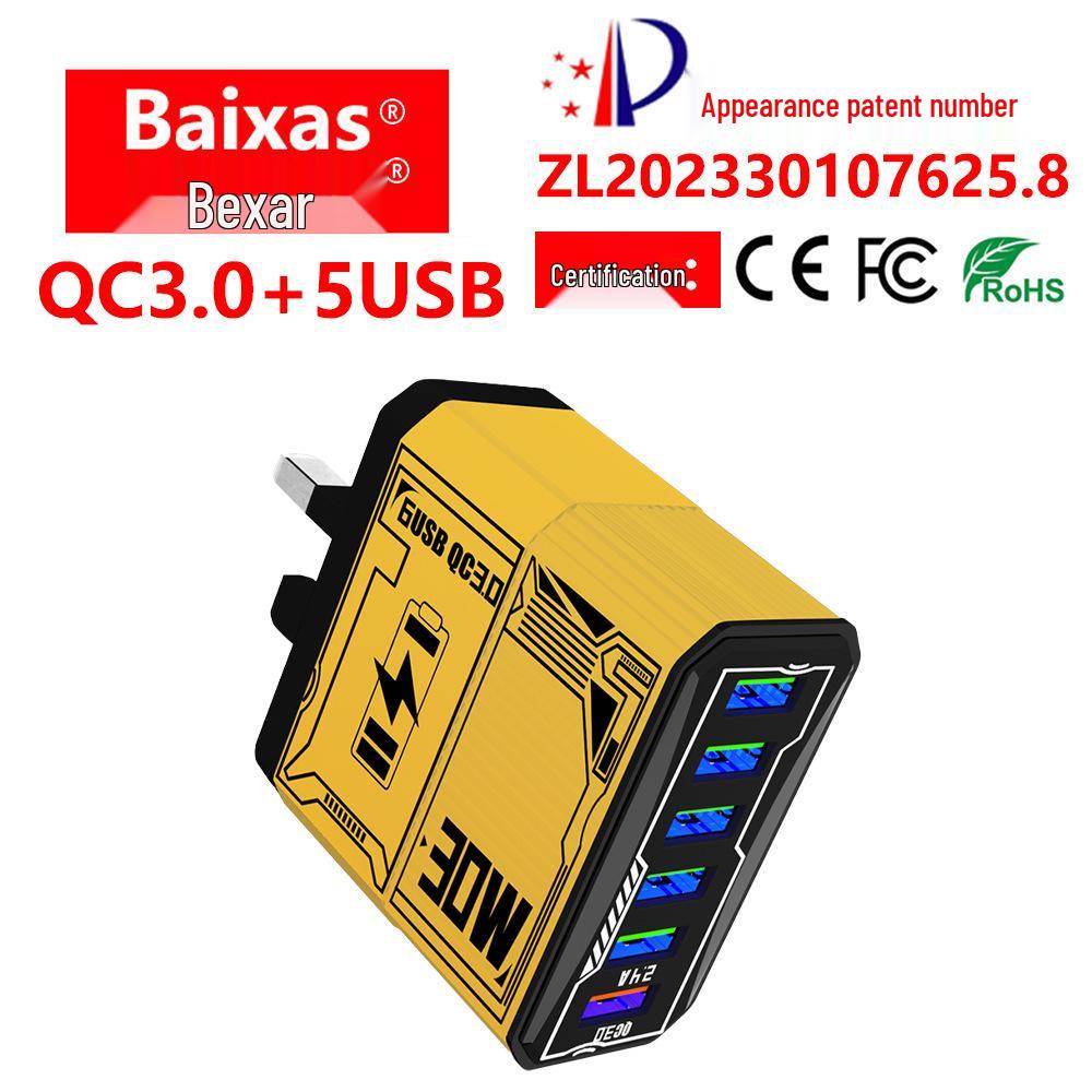 30W 6-Port USB QC3.0 Fast Charger with EU, US, UK, AU Adapters