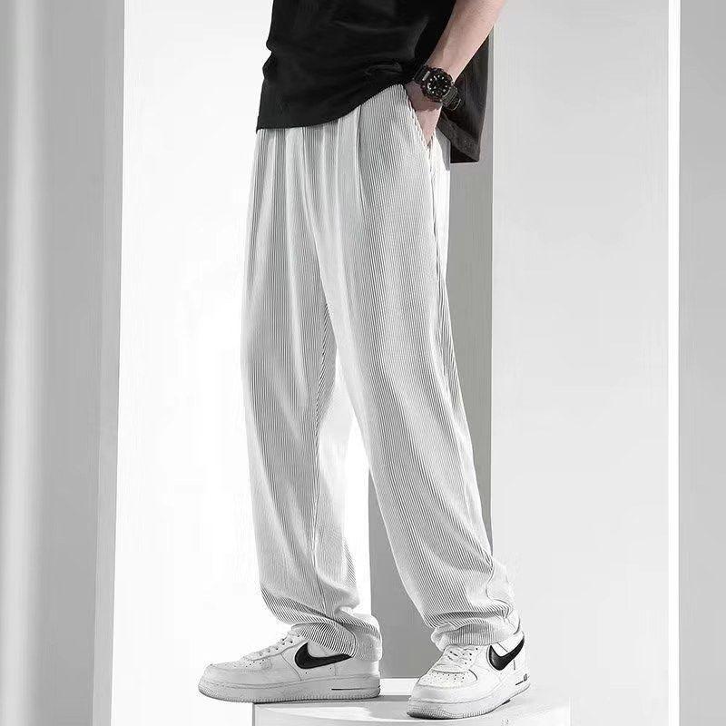 Men's Summer Striped Ice Silk Breathable Wide-Leg Elastic Straight Pants