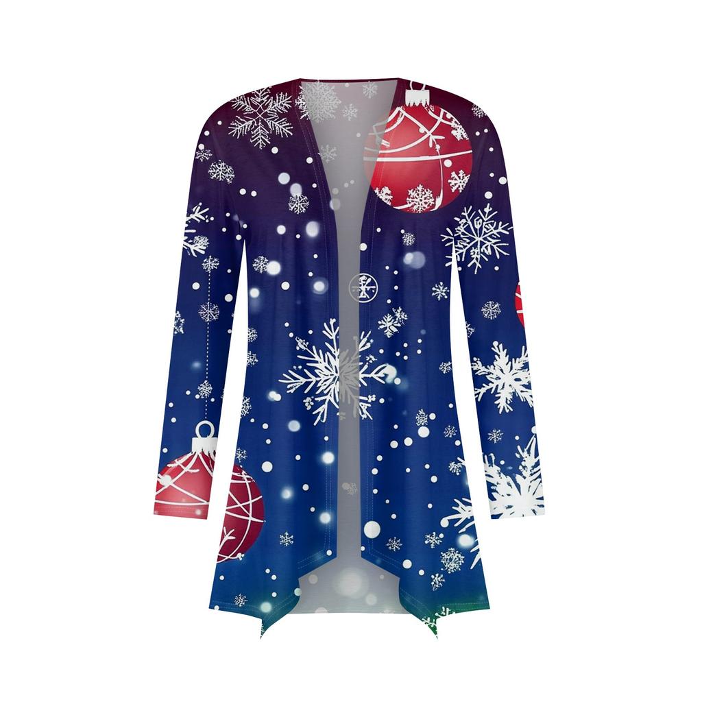 Women's Fashion Casual Christmas Print Medium Length Cardigan Jacket Coat