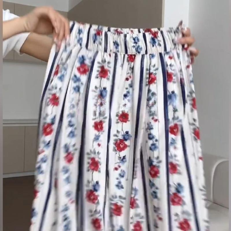 Jaro/Léto Chladivý Pocit Prázdninový Styl Květinové Dlouhé Kalhoty pro Ženy - Tenké S Vysokým Pasem Zeštíhlující Ležérní Široké Kalhoty