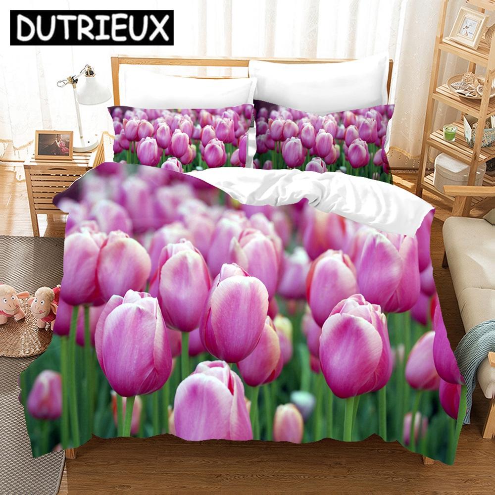 Pink Tulip Bedding Set Elegant Flower Scenery 3d Duvet Cover Pillowcases Bed Linen Twin Queen King Single Size Duvet Cover Set