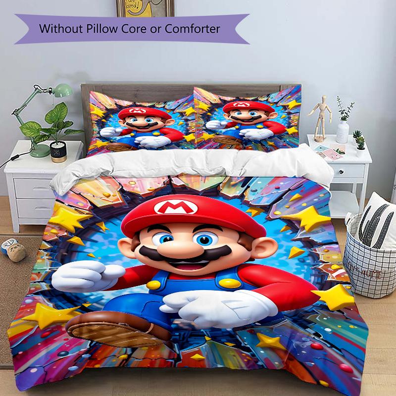 3pcs bedding set Mario Adventure Includes 1 Comforter + 2 Pillowcases, Without Pillow Inserts, Soft Comfortable,a0909172
