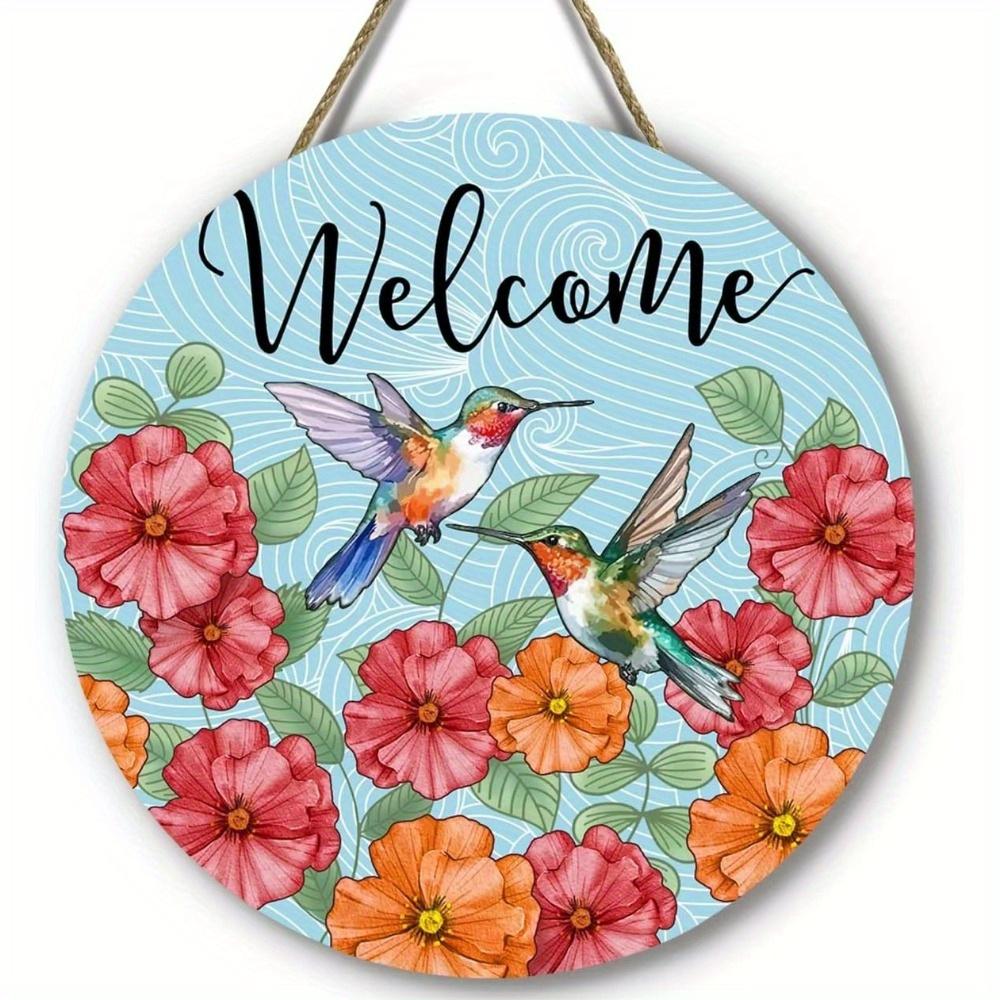 1pc 2d Flat Bolisom Welcomes Spring Summer Flowers Hummingbird Pygmy Lavender Round Wooden Sign - 20cm for Farmhouse Home Wall Decor
