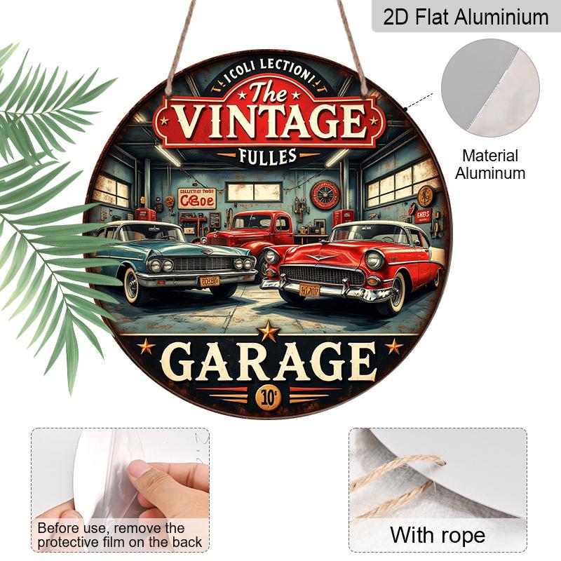 2D Flat, 1pc Vintage Aluminum Round Wall Plaque - Retro Garage Metal Sign with Classic Cars & Tools Design, Americana Decor for Bars, Cafes