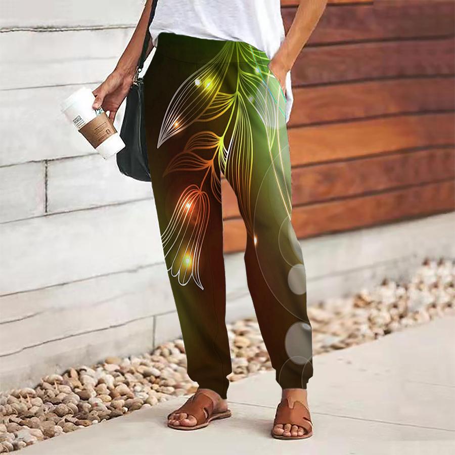 Women Multicolored Printing Pants Lace Up Elastic Waist Loose  Trousers Casual Long Pants Trousers with Pockets