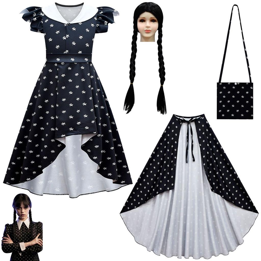 Mittwoch Addams Kleid Perücke Cosplay Kostüm für Mädchen Kinder Halloween Weihnachten Party