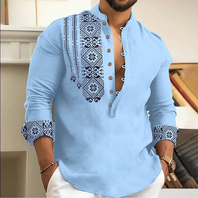 2025 Men's Trendy European & American Print Long Sleeve Stand Collar Casual Shirt