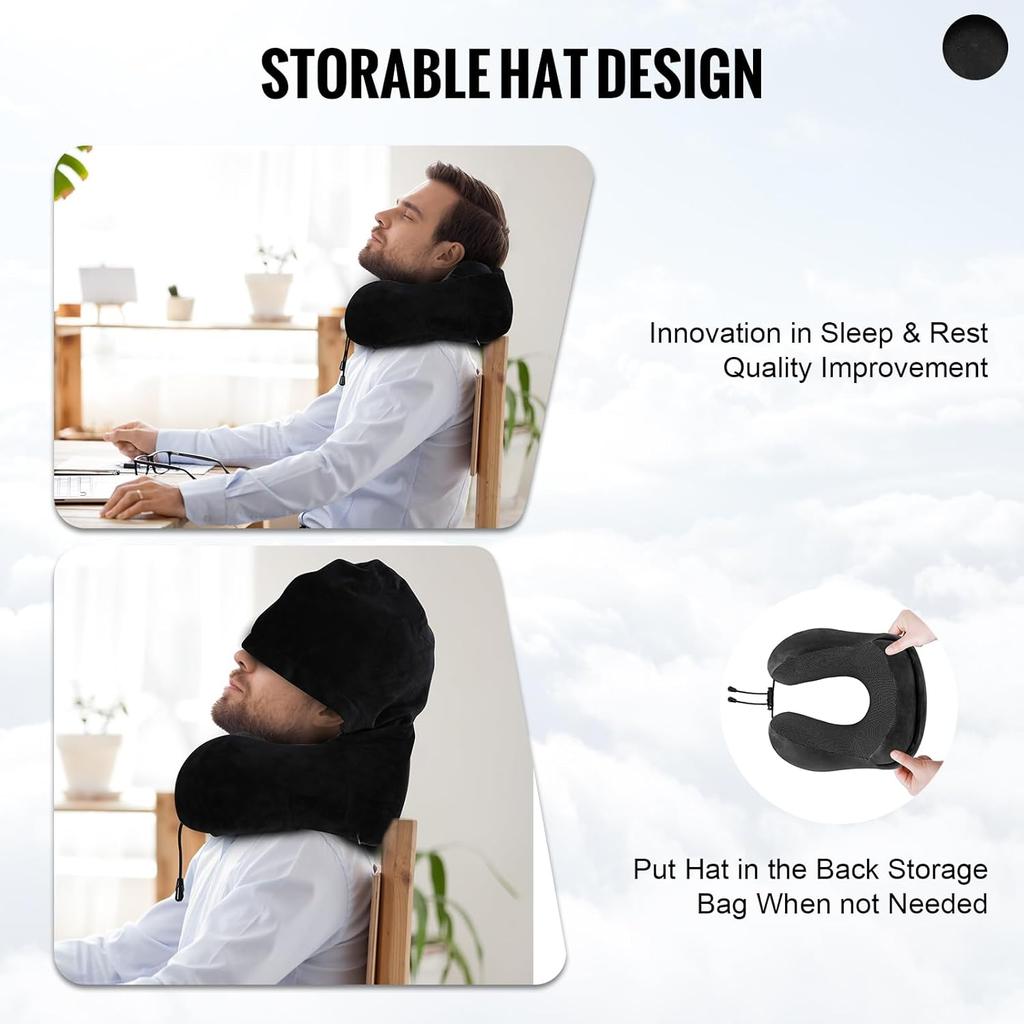 Hooded Neck Travel Pillow - Memory Foam Light-Blocking Travel Neck Pillow