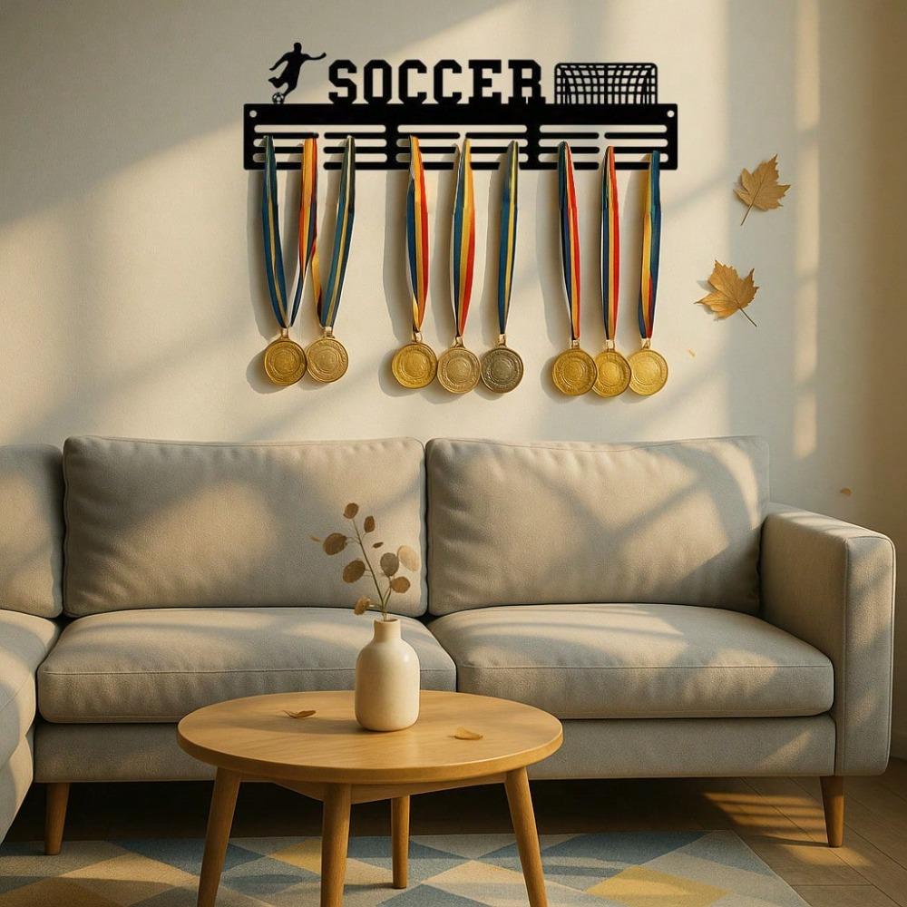 Black Iron Medal Hanger Soccer Fan Wall Art, Minimalist Home Decor, Rustproof Sports Award Display Rack With Hooks, Living Room Bedroom Gift