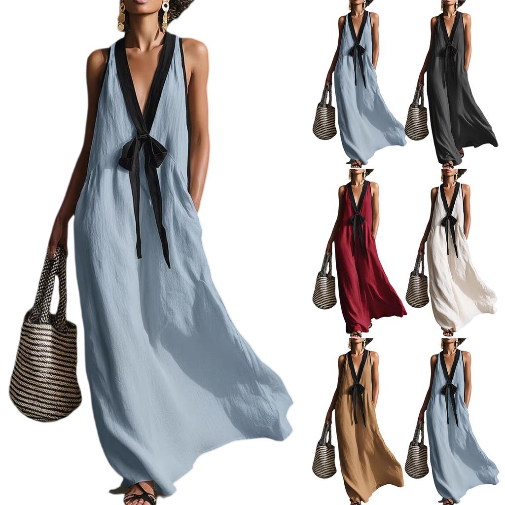 Women Deep V Neck Long Dress Sleeveless Patchwork Design Flowy Casual Elegant Maxi Dress for Daily Wear Beach Holiday
