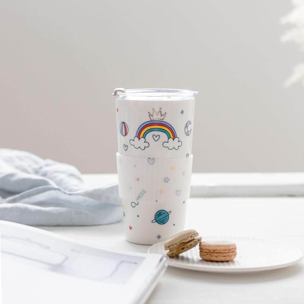 Cartoon Creative Ceramic Cup with Lid for Girls Heart Coffee Cup with Straw High looking Cute Water Cup