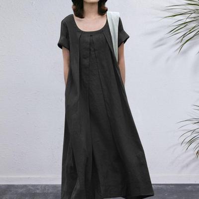 Women Dress A-line Round Neck Short Sleeves Pure Color Big Swing Pleated Loose Soft Mid-calf Length Lady Midi Dress
