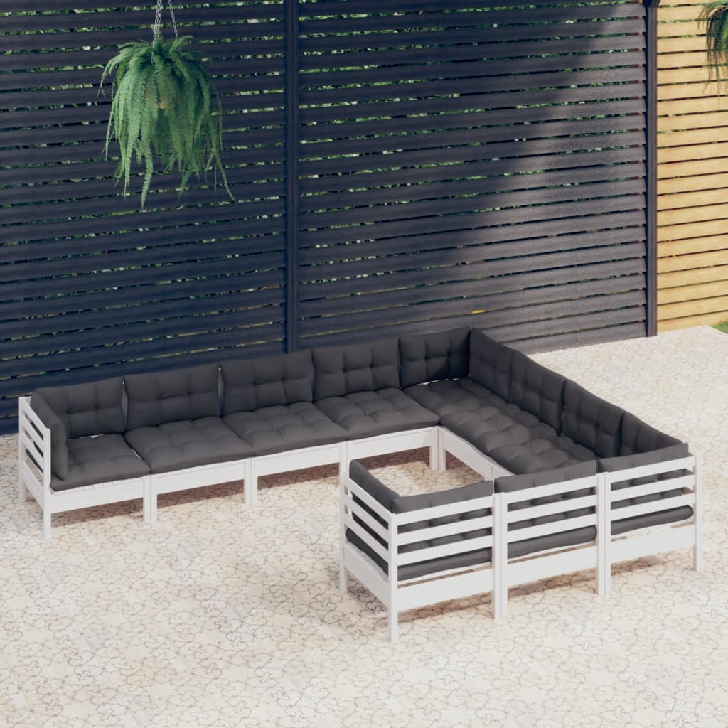 10 Piece Garden Lounge Set with Cushions White Pine Wood