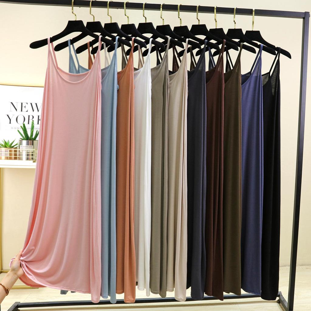 Modal Spaghetti Strap Dress Summer Sexy Sleeveless Tank Dress Solid Color Casual Camisole Dresses Long Soft Sleepdress Basic Slipdress