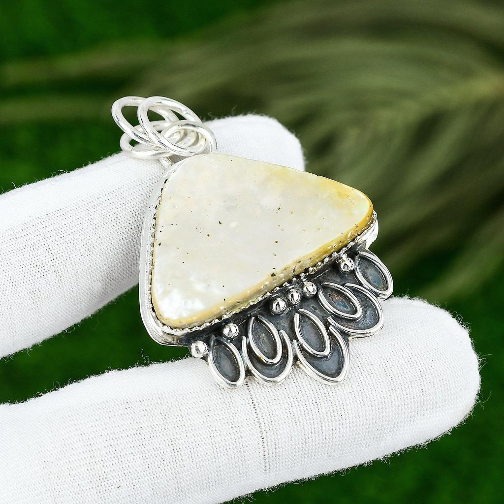 Trillion Natural Mother Of Pearl Wedding Bezel Ethnic Pendant Sterling Silver