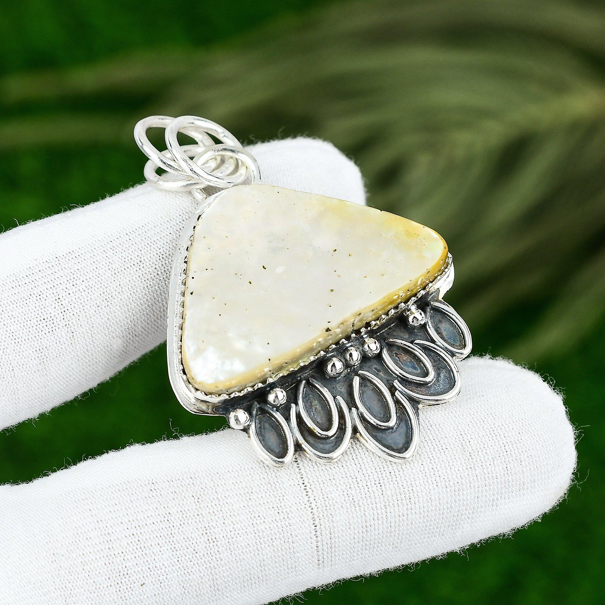 

Trillion Natural Mother Of Pearl Wedding Bezel Ethnic Pendant Sterling Silver