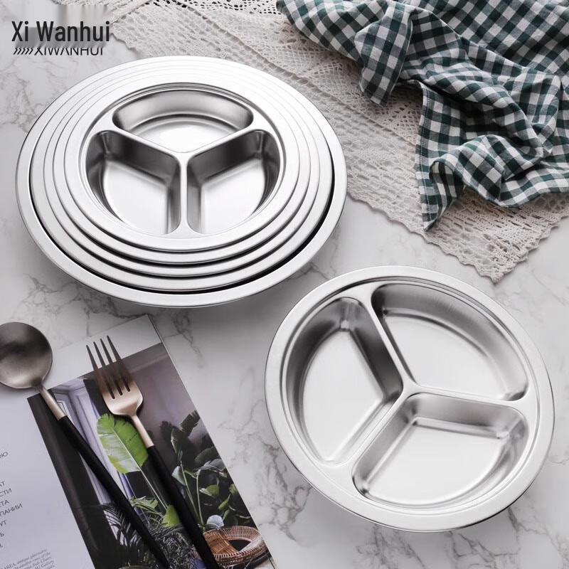 Plateau rond à 3 compartiments en acier inoxydable pour cafétéria