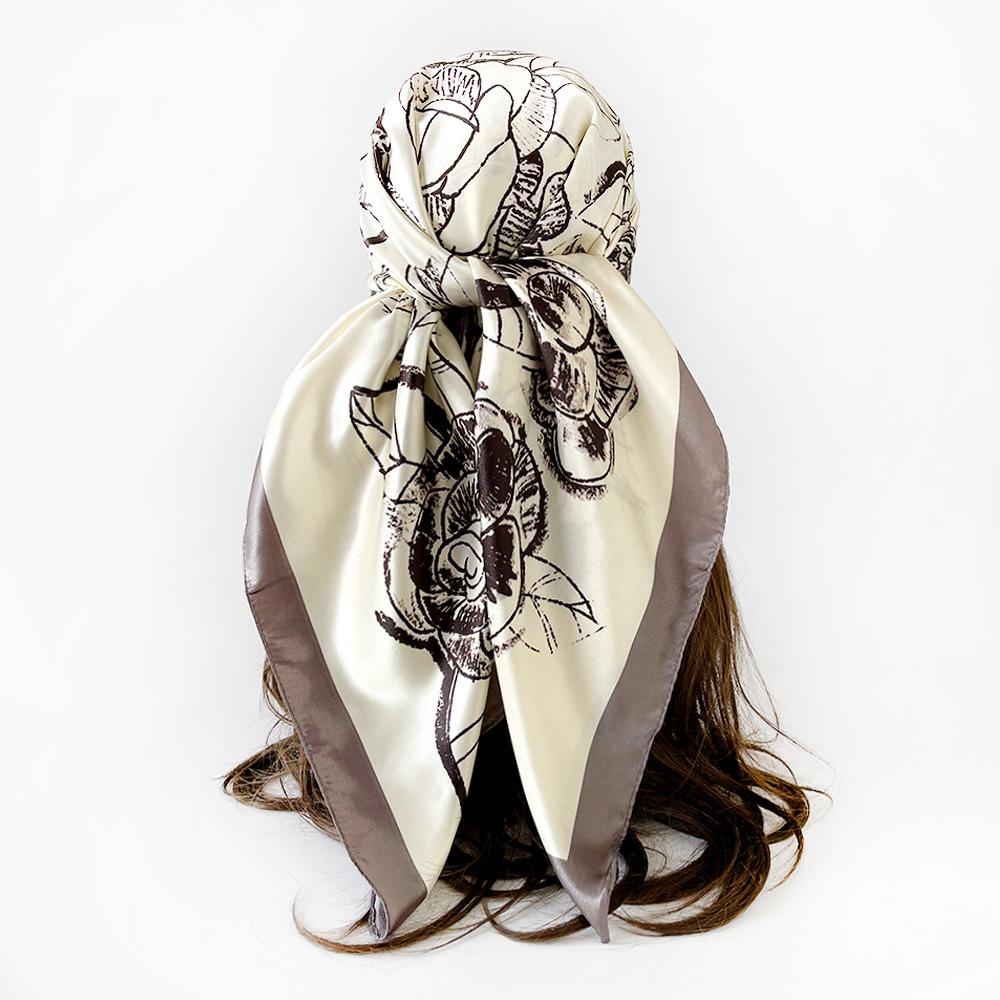 90cm Rayon Satin Scarf – Camellia Print Headscarf: A Trendy, Versatile Shawl for Women