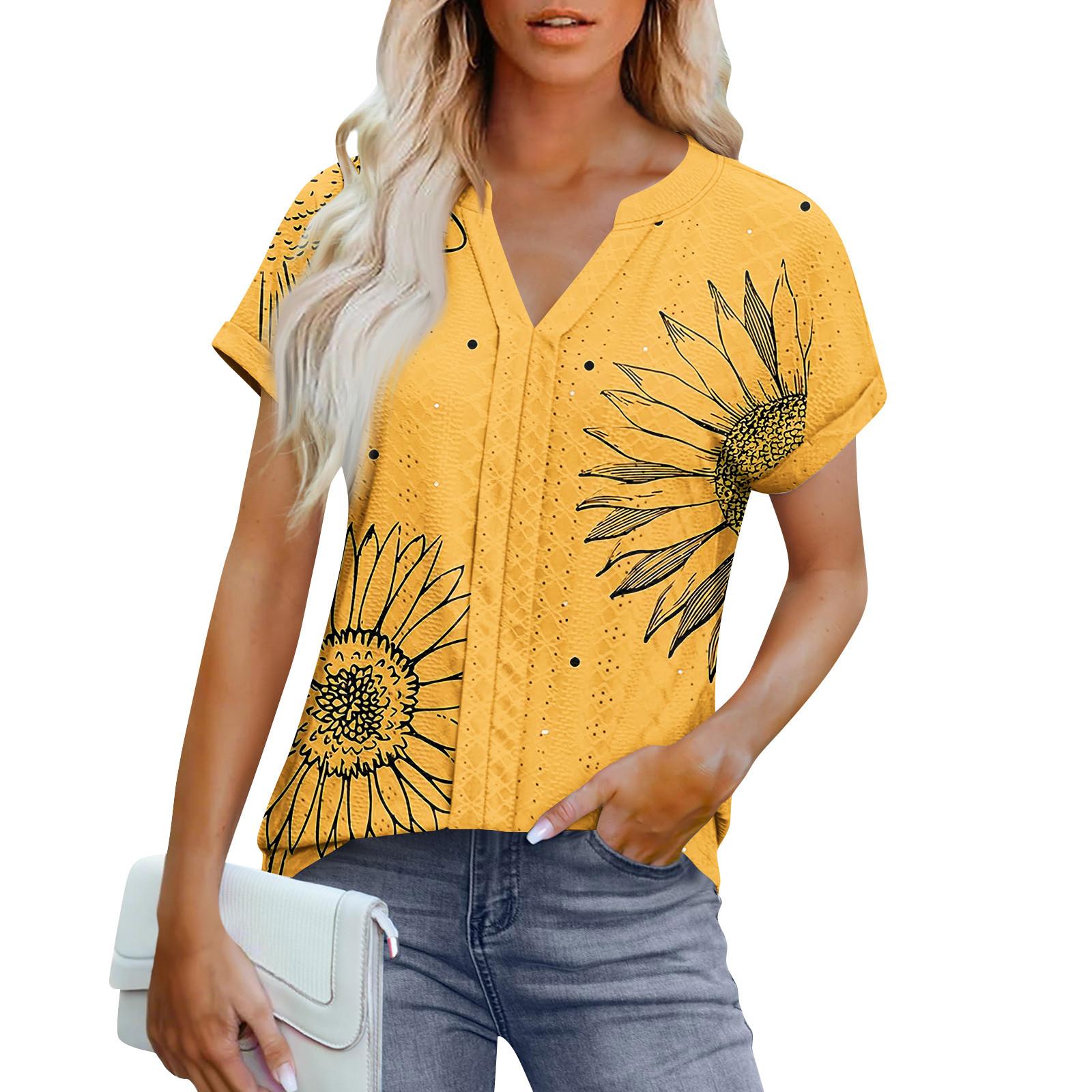 

Жіноча мода топи короткий рукав V-подібним вирізом футболка блузка ошатний казуальний друк люверс вишивка літній модний одяг XL жовтий