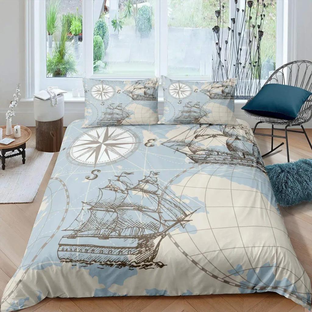 Anchor Nautical King Queen Duvet Cover Vintage Plank Blue Bedding Set Camping Adventure Quilt Cover Polyester Comforter Cover