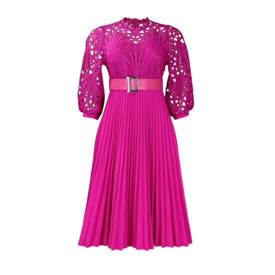 Women's 45720 Sleeve Lace Crochet Midi Dress Hollow Out Eyelet Pleated Swing Dress Fall Casual