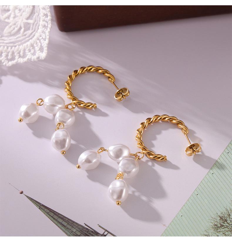 Bohemian Twist Faux Pearl Earrings: Elegant 18k Gold-Plated Titanium Steel Studs