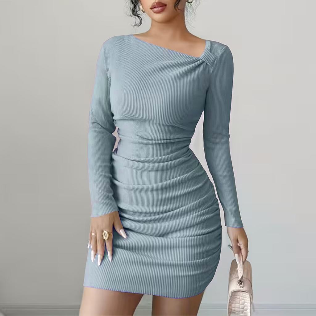 Women's Fashionable Color Slanted Collar Long Sleeved Dress With A Slim Fit And Elastic Buttocks