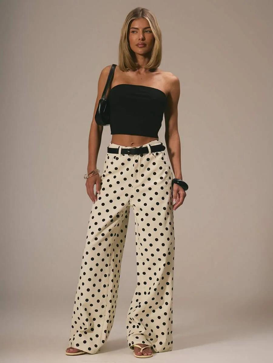 Women s Loose Mid-Waist Casual Polka Dot Jeans L