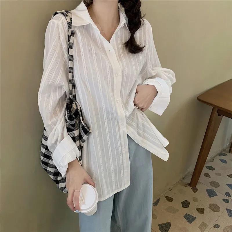 Camicia a Righe Morbida da Donna Estiva in Stile Francese Vestibilità Larga Casual Semplice Top a Maniche Lunghe