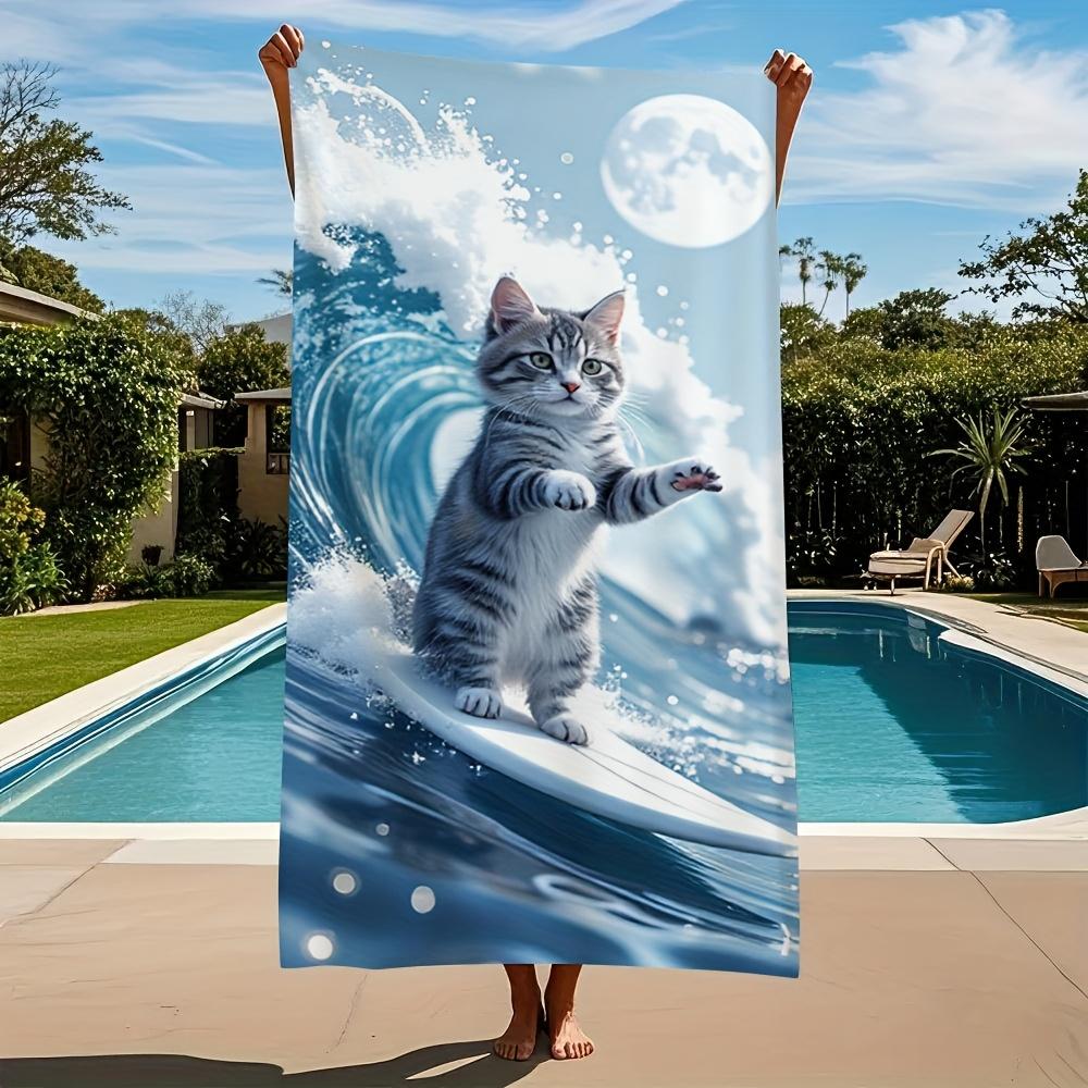 Funny Surfing Cat Microfiber Beach Towel 1 Piece Set 2D Flat Printed Sandproof Waterproof Holiday Sea Surf Sunbed Lounger Towel
